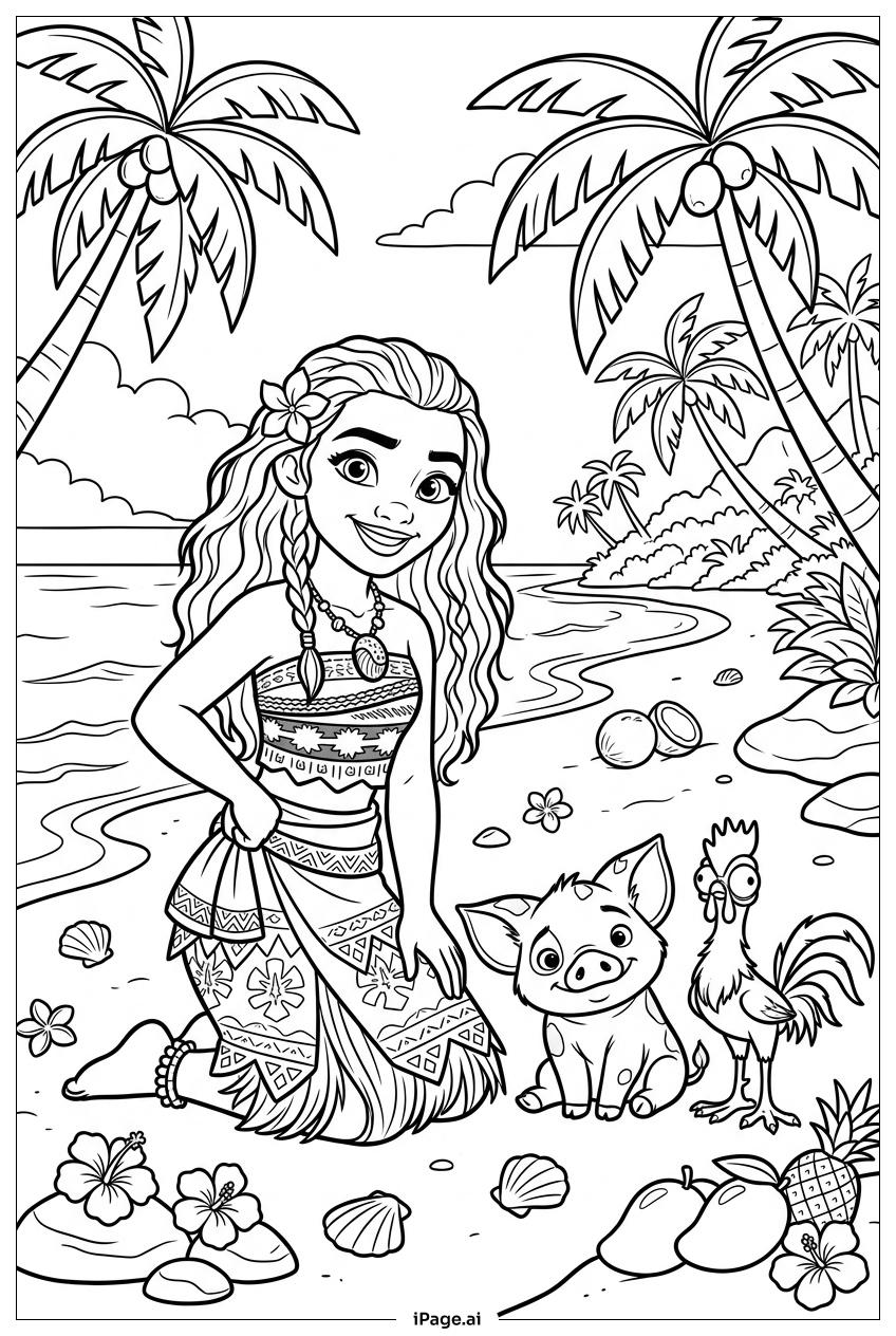 Page de coloriage Moana agenouillée joyeusement auprès de Pua et Heihei
