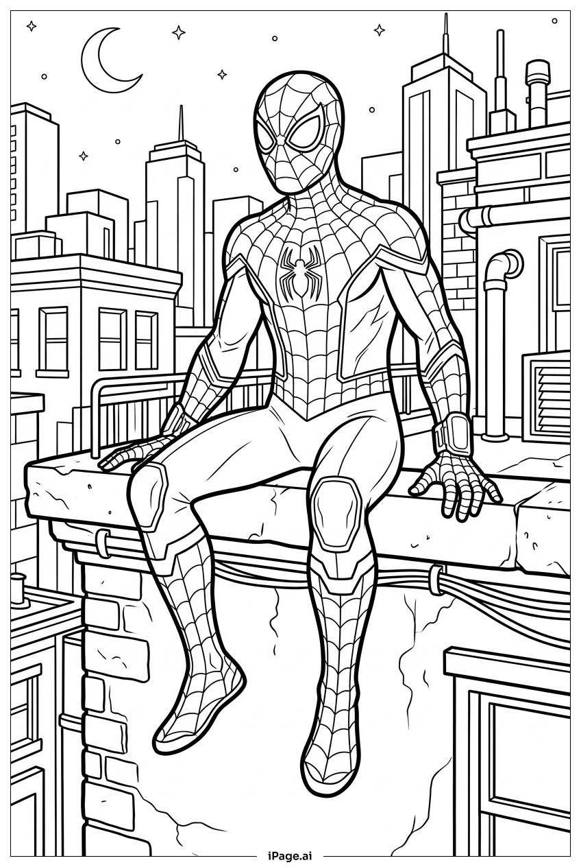 Página para colorir de Homem-Aranha sentado sob o horizonte iluminado pelo luar refletido