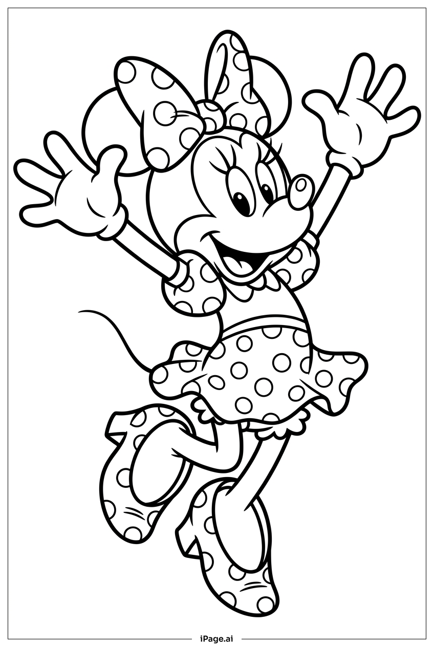 Minnie Mouse springt hoch in fröhlicher Feier Ausmalseite