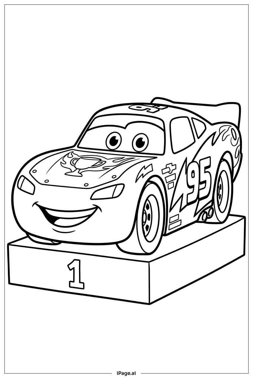 Lightning Mcqueen celebrates first place on podium Coloring Page