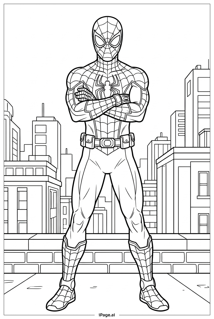 Página para colorir de Homem-Aranha com os braços cruzados sobre Manhattan
