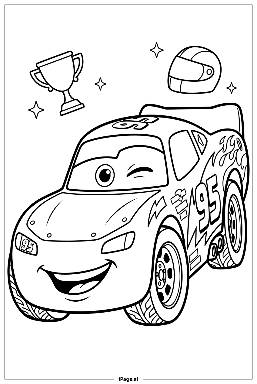 Lightning Mcqueen winks beside trophy and helmet Coloring Page