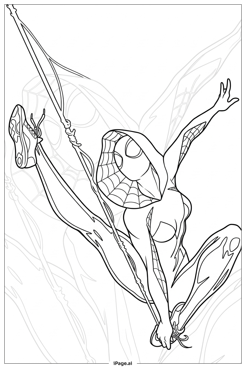 Spider Gwen arcs through skyline with style Coloring Page