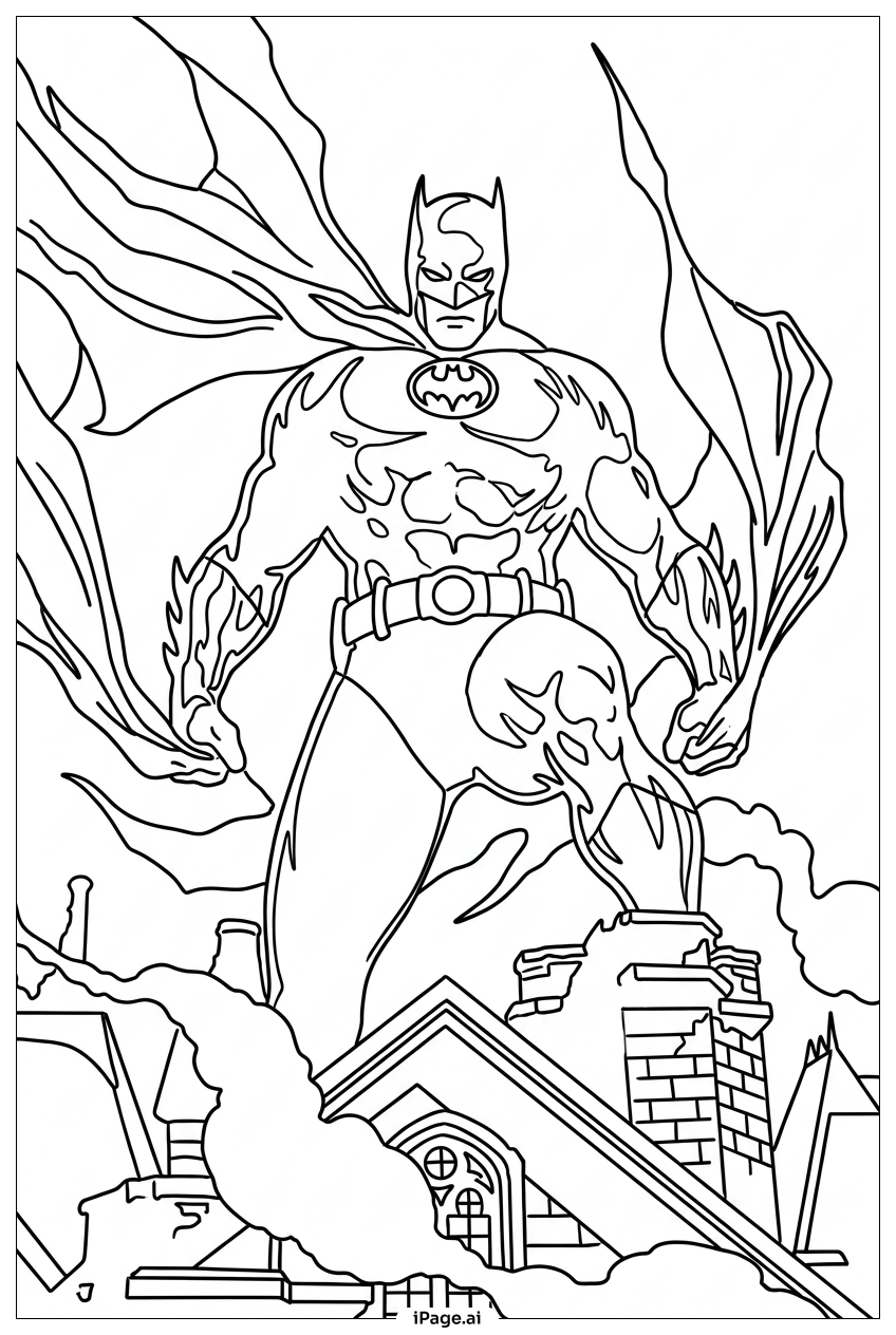 Batman Rising Over Gotham Rooftop In Smoke Coloring Page