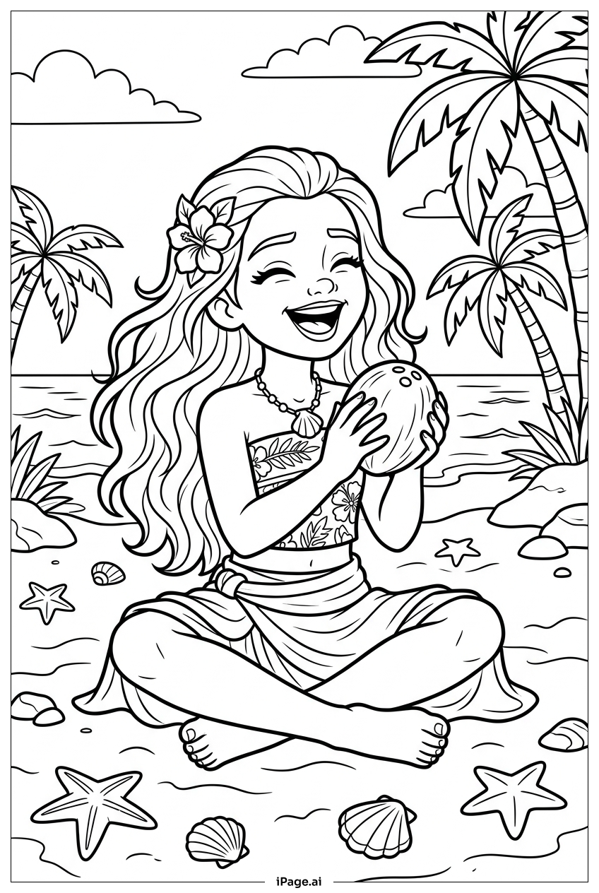 Moana riant joyeusement en tenant une noix de coco fraîche