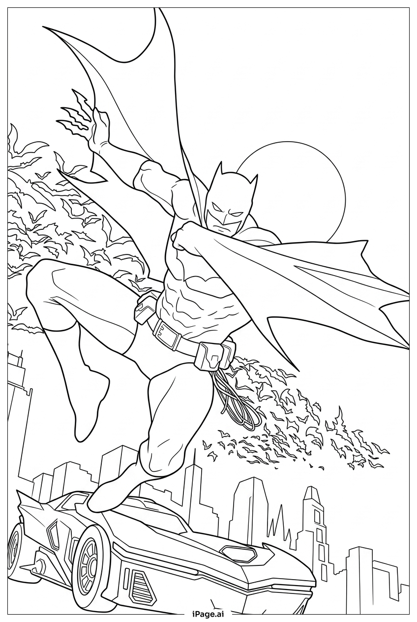 Batman Jumps Above Batmobile Under Full Moon Coloring Page