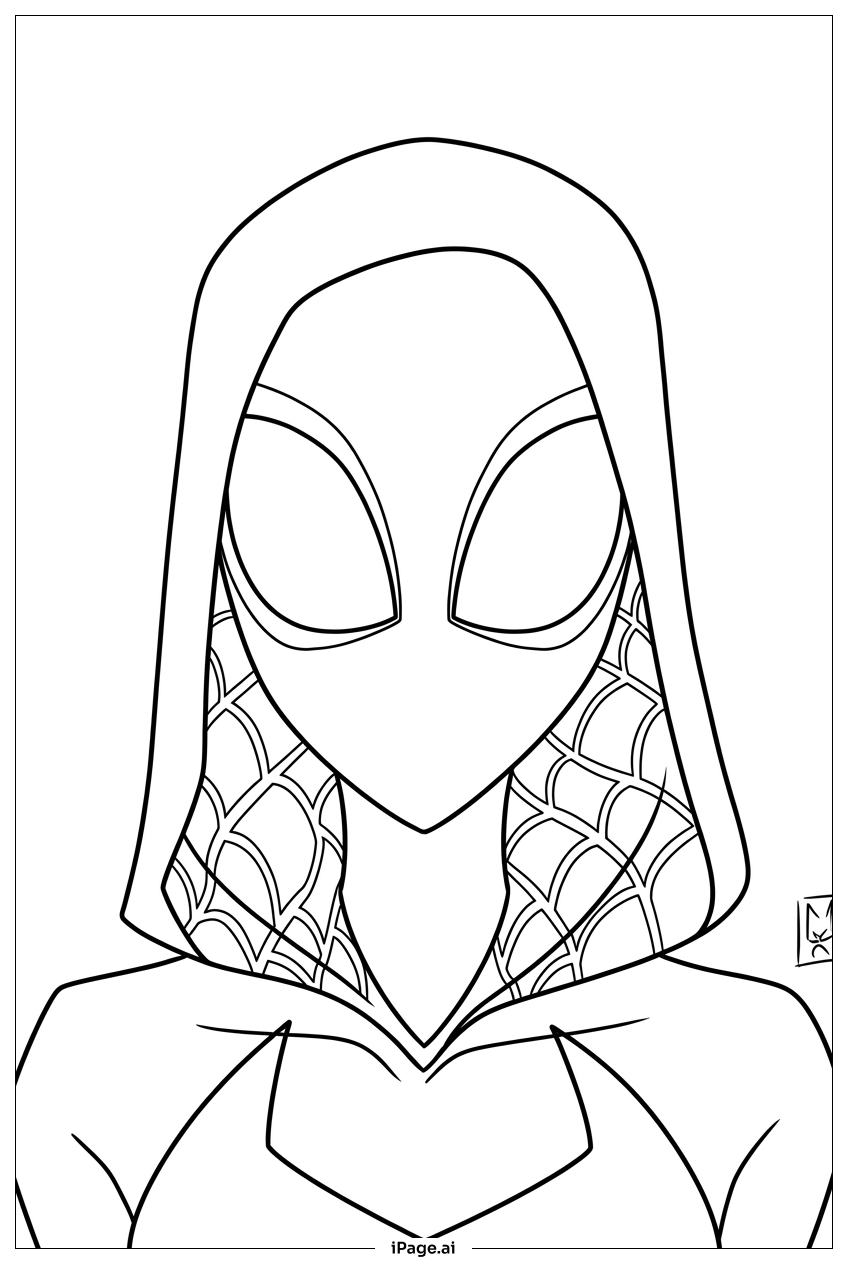 Spider Gwen close-up under patterned hood Coloring Page