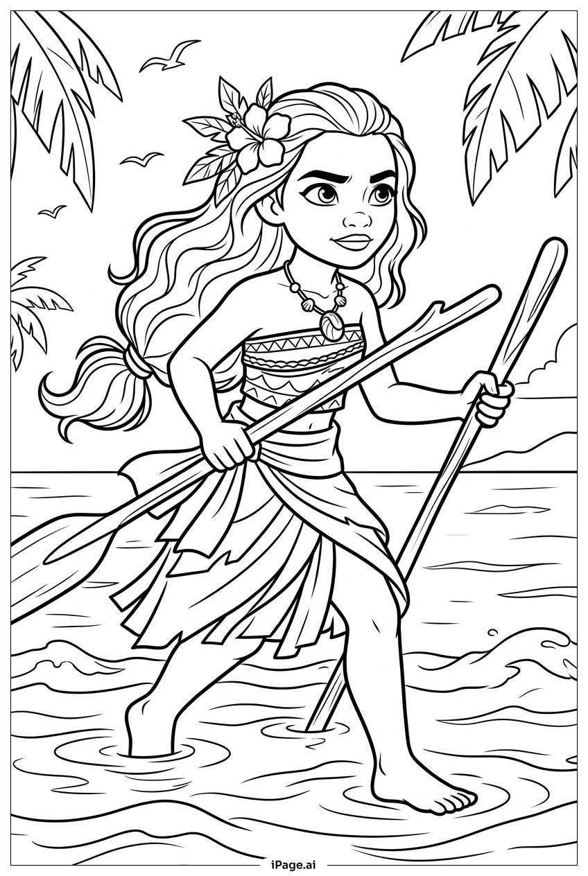Page de coloriage Moana avançant avec deux pagaies puissantes