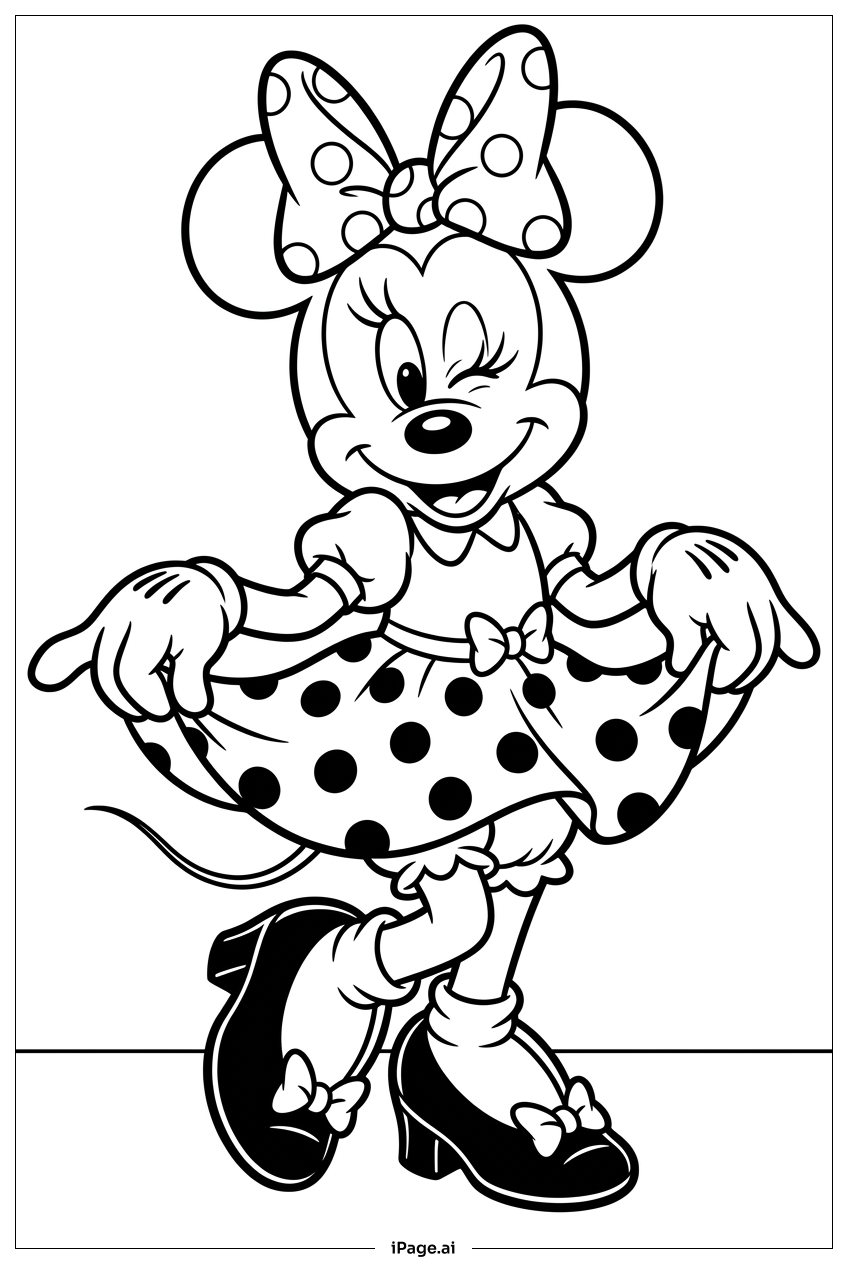 Minnie Mouse zwinkert und macht einen Knicks im Kleid Ausmalseite
