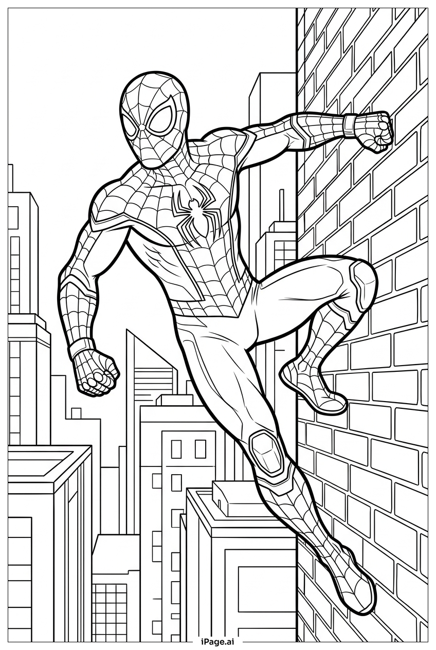 Página para colorir de Homem-Aranha escala parede de tijolos pela linha do horizonte