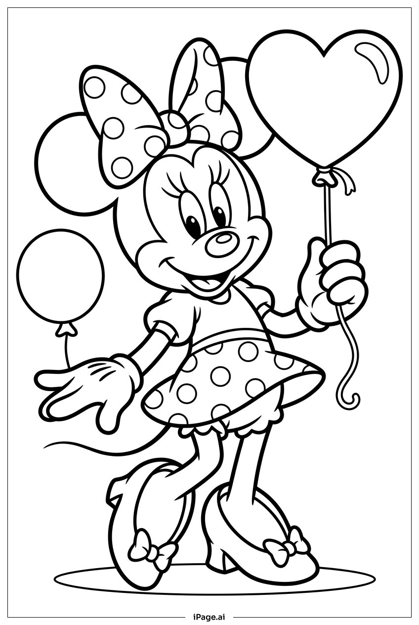 Minnie Maus hält einen schwebenden Herzluftballon Ausmalseite