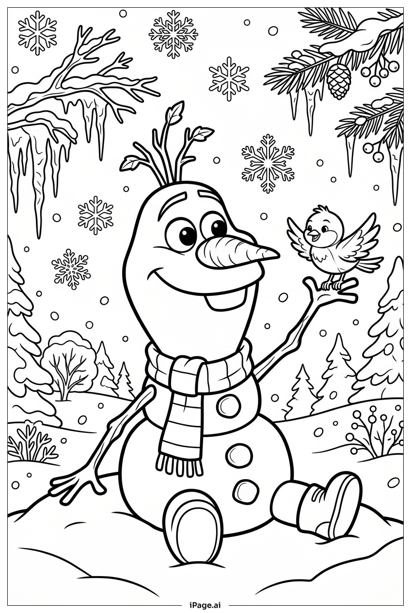 Olaf freundet sich mit einem zwitschernden Vogel an Ausmalseite