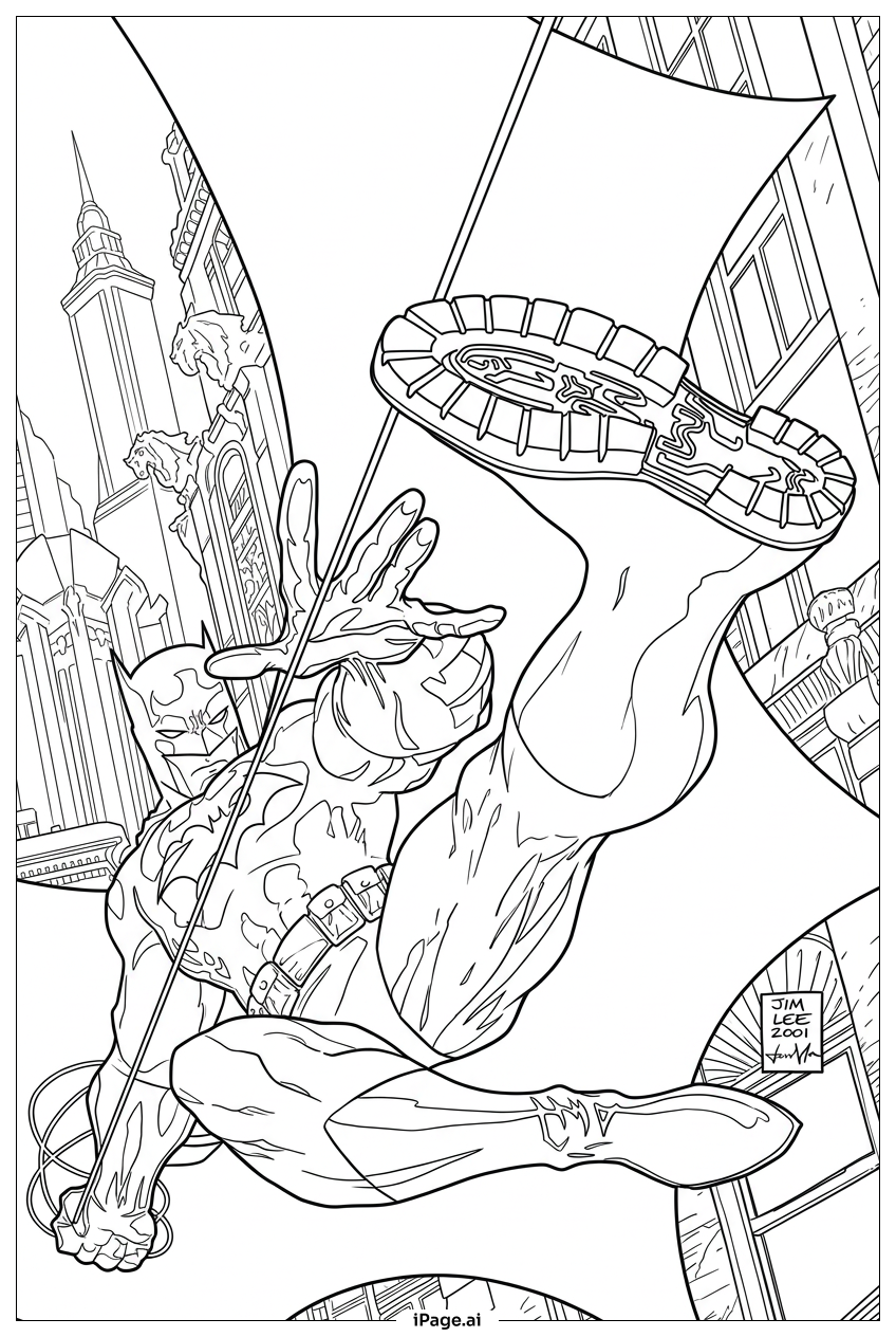 Batman Swing-Kicks Through Gotham With Grapple Coloring Page