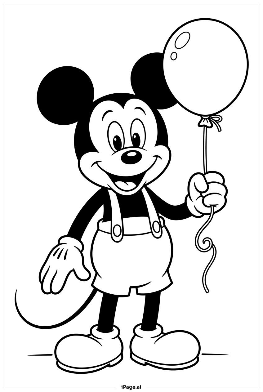 Micky Maus hält einen Partyballon Ausmalseite