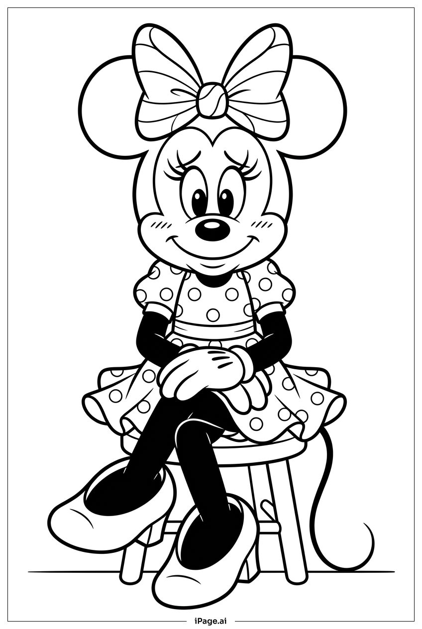 Minnie Mouse sitzt artig auf einem Holzhocker Ausmalseite