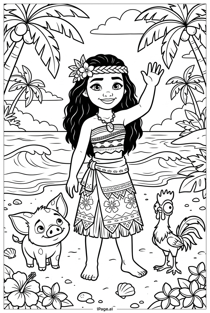 Page de coloriage Moana saluant calmement avec Pua et Heihei