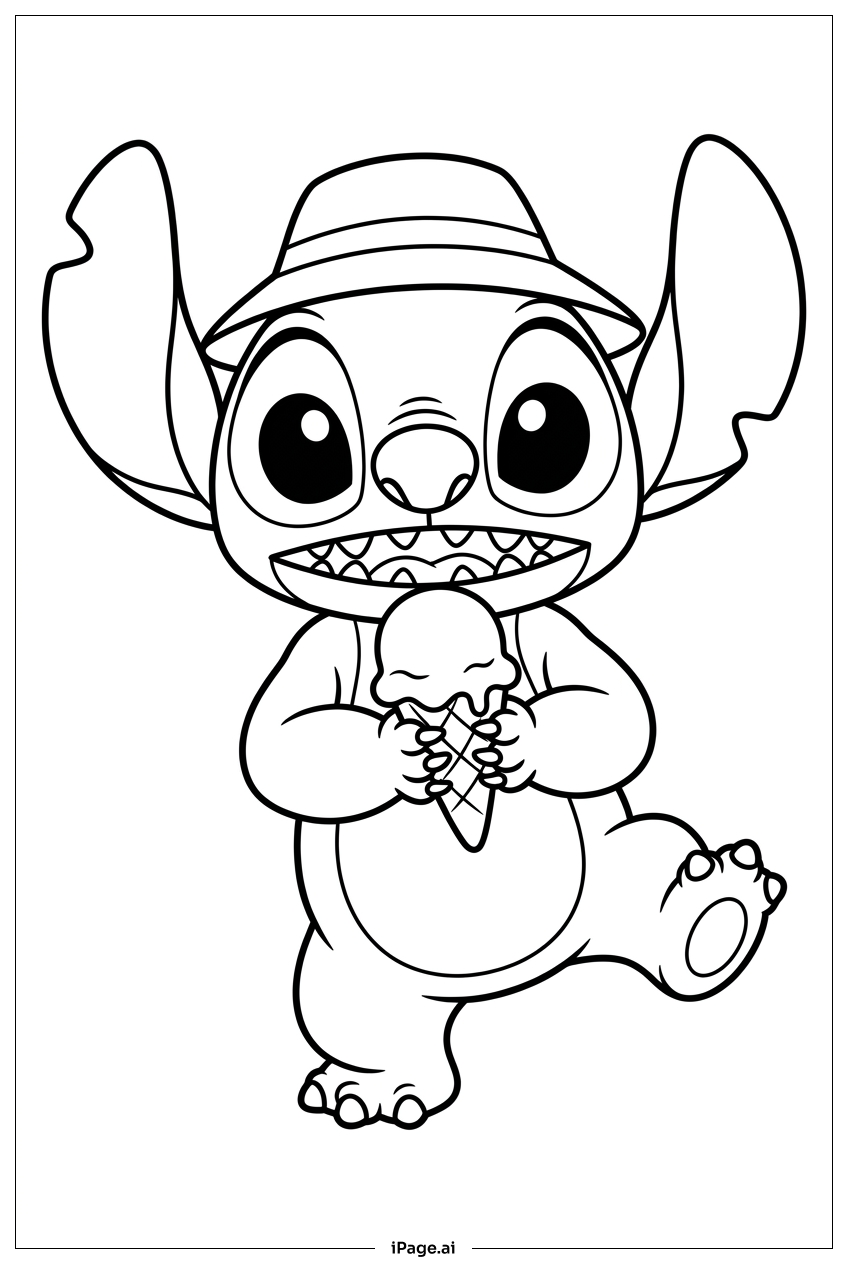 スティッチは日よけ帽子をかぶって溶けるアイスクリームを楽しんでいますの塗り絵ページ