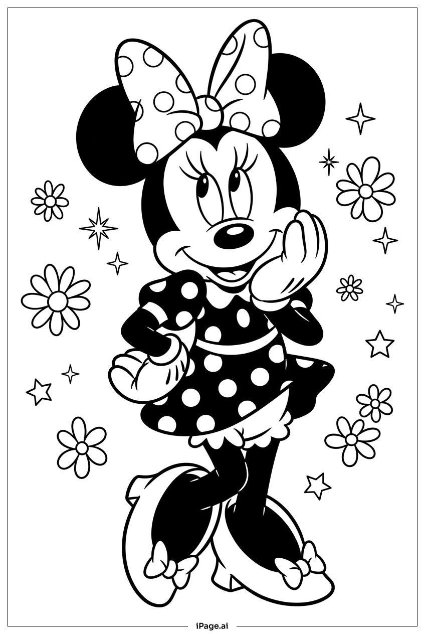 Minnie Mouse träumt unter Sternen und Blumen Ausmalseite