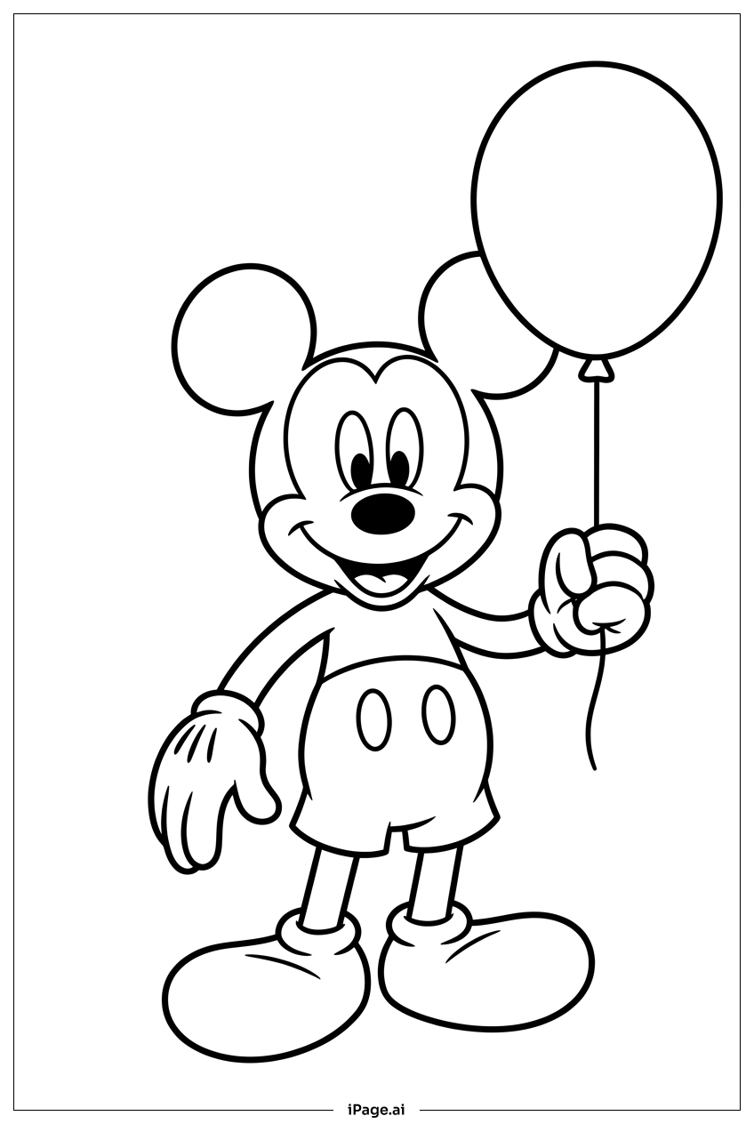 Micky Maus lächelt mit einem Luftballon Ausmalseite