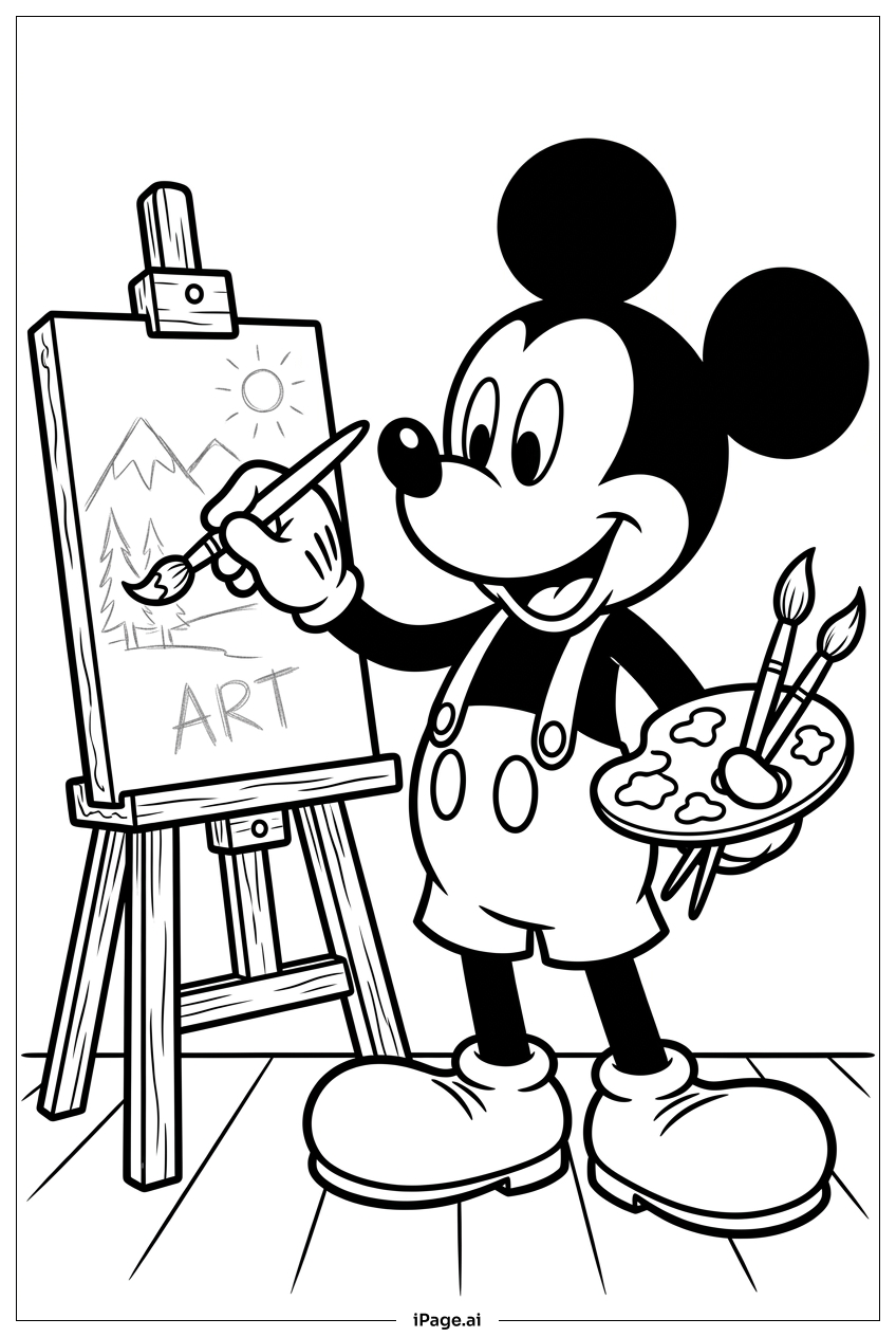 Mickey Mouse painting mountains on easel