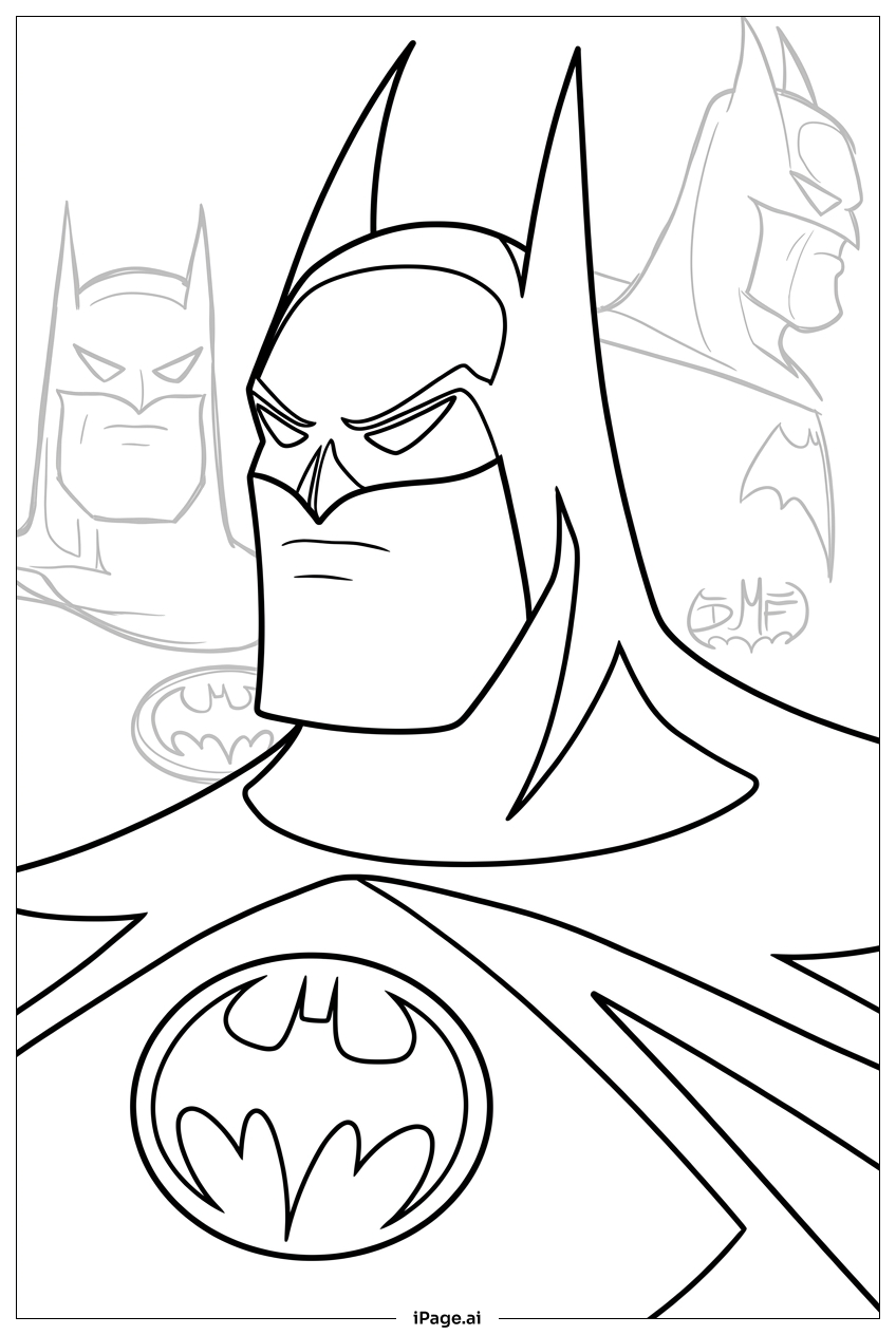 Batman Close-Up With Faded Heroic Profiles Coloring Page