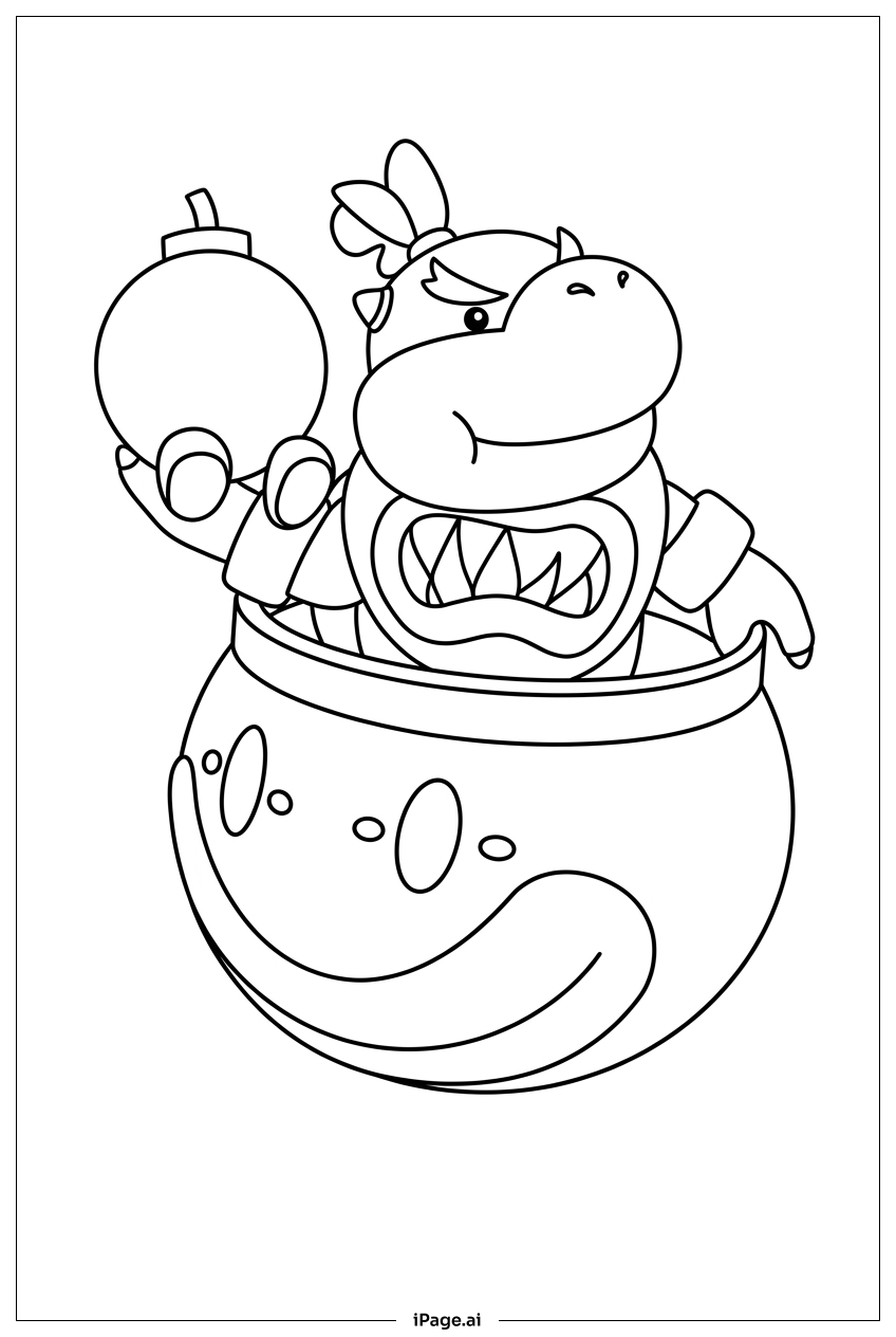 Page de coloriage Bowser Jr prépare un lancer de bombe depuis la voiture