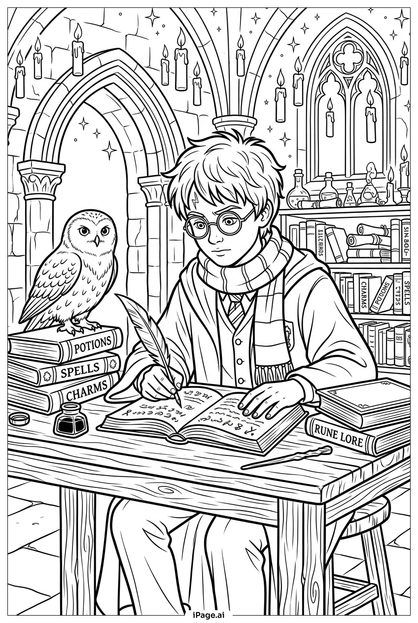 Página para colorir de Harry Potter Estudando Feitiços À Luz de Velas