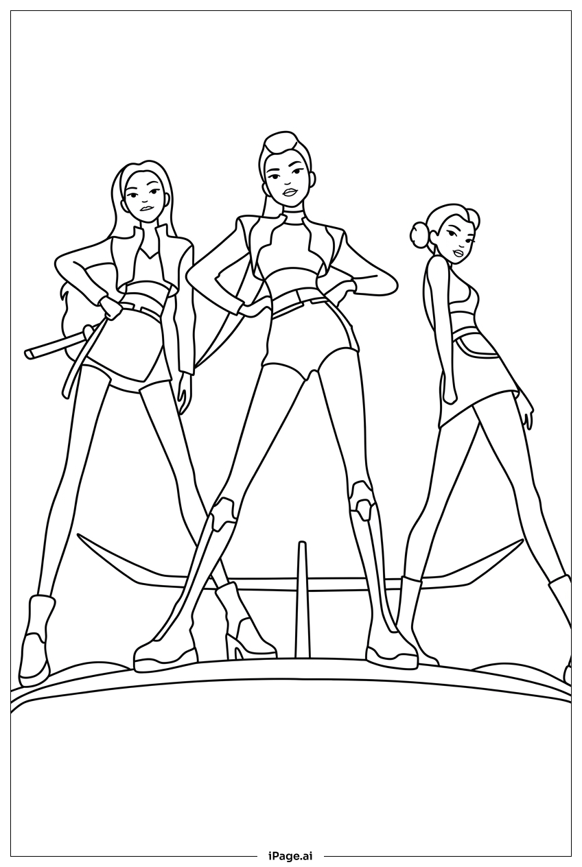  Kpop Demon Hunters heroines pose atop car Coloring Page 