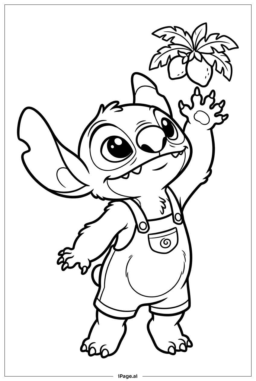 ジャングルの葉の下で果物に手を伸ばすスティッチの塗り絵ページ