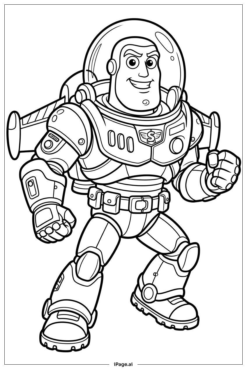 Buzz Lightyear marschiert mit entschlossenem Lächeln Ausmalseite