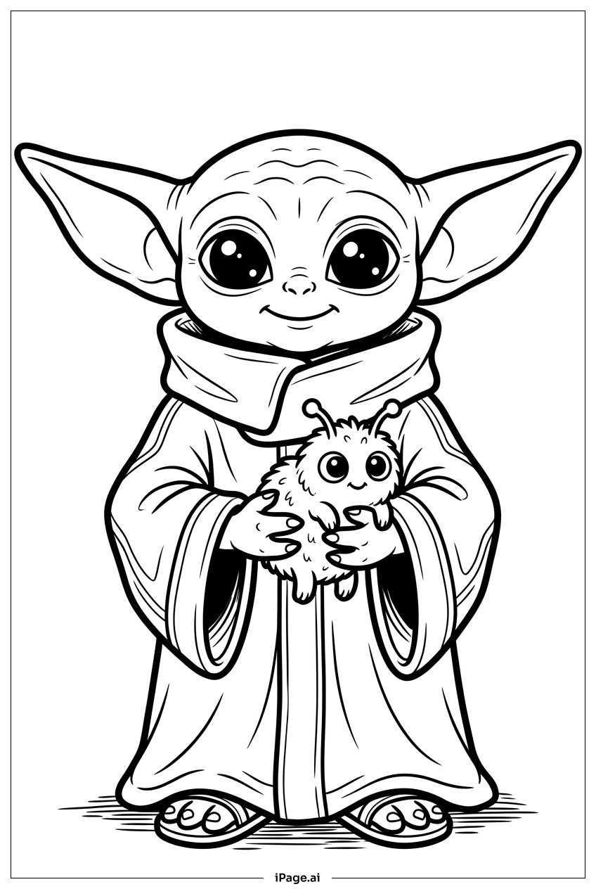 Baby Yoda 抱著毛茸茸的外星朋友著色頁