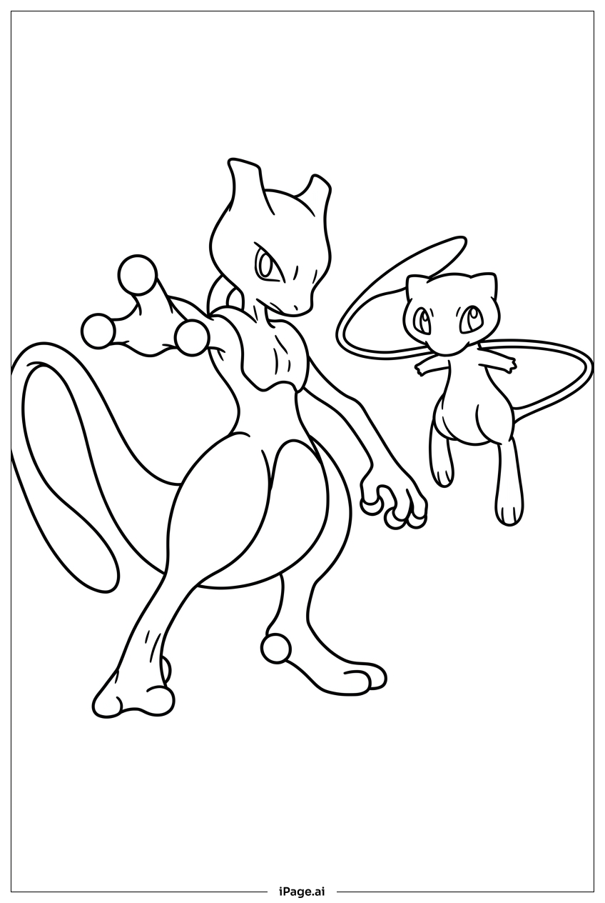 Página para colorear de Mewtwo y Mew se preparan para un duelo amistoso