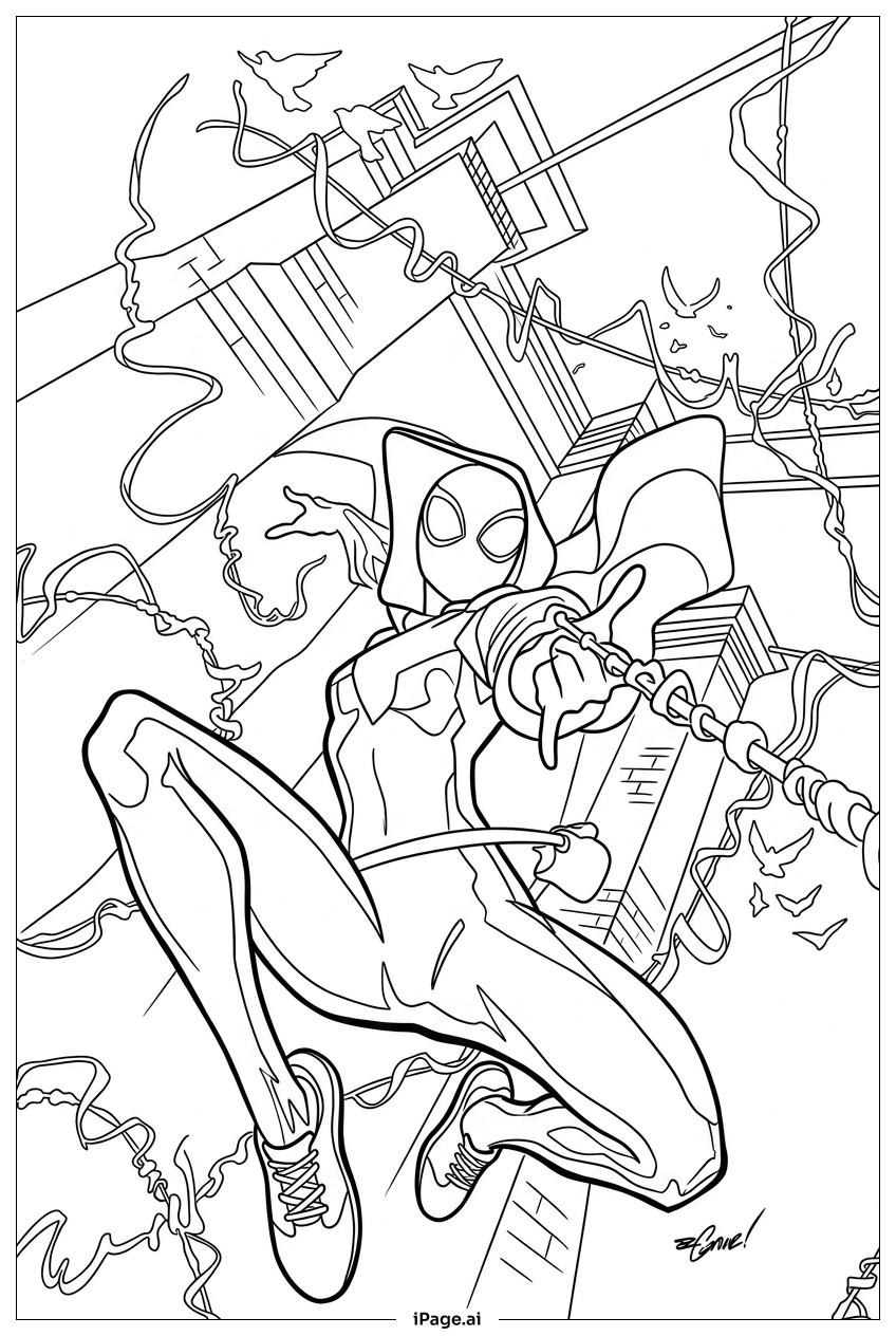 Spider Gwen swings past rooftops and doves Coloring Page