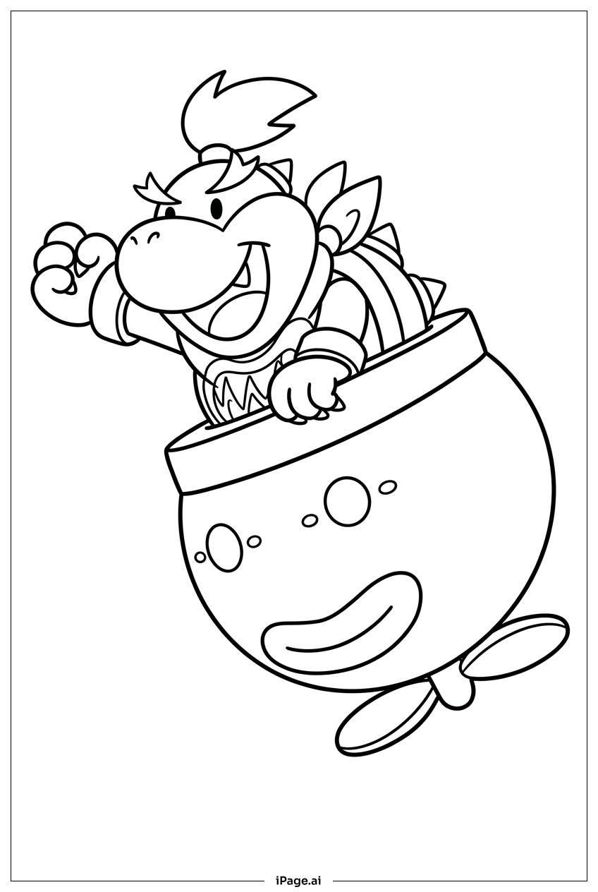 Page de coloriage Bowser Jr fonce en avant dans sa voiture volante