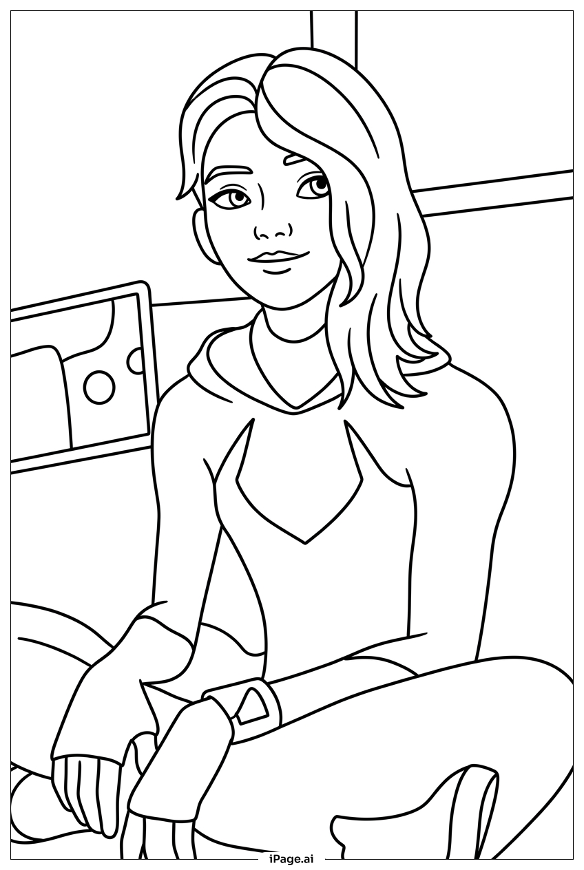 Spider Gwen relaxing indoors after patrol Coloring Page