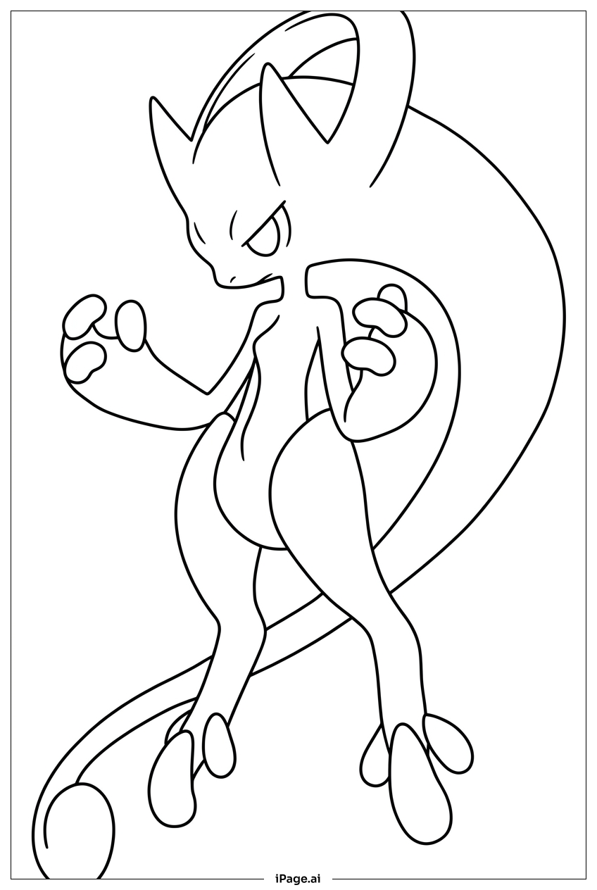 Página para colorear de Mewtwo prepara sus garras para un ataque psíquico