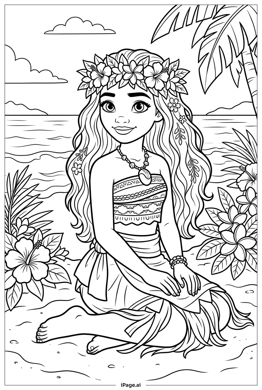 Page de coloriage Moana assise sereinement portant une belle couronne de fleurs