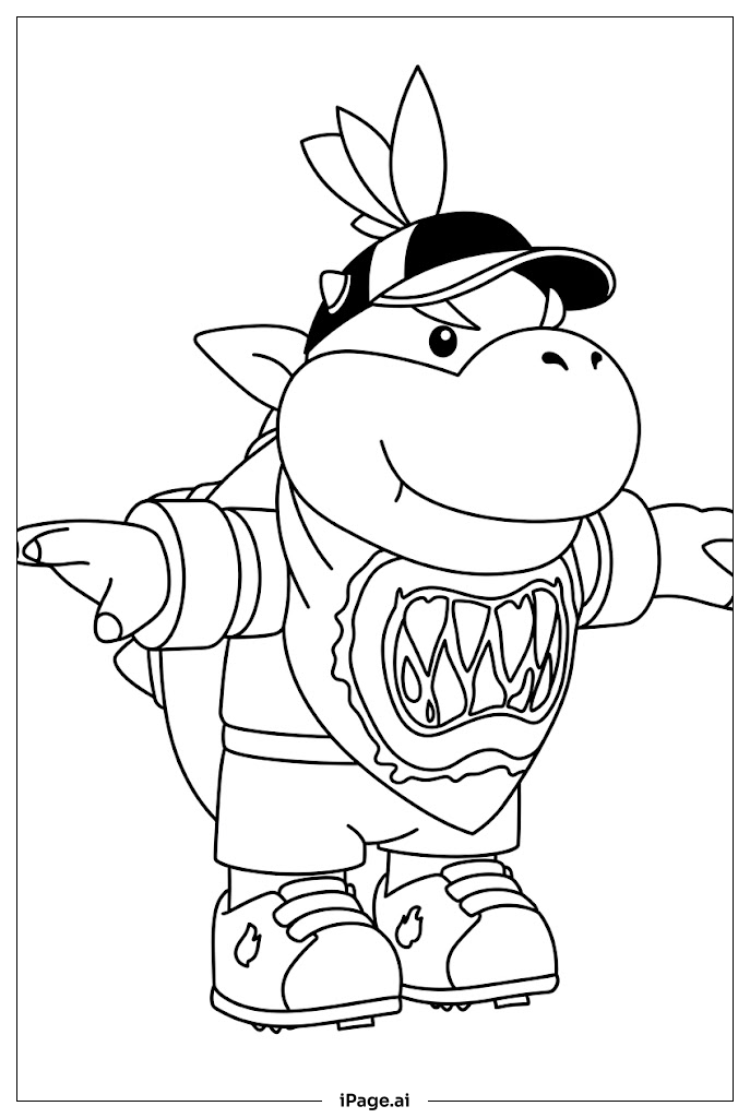 Page de coloriage Bowser Jr porte une casquette en équilibre avec un sourire