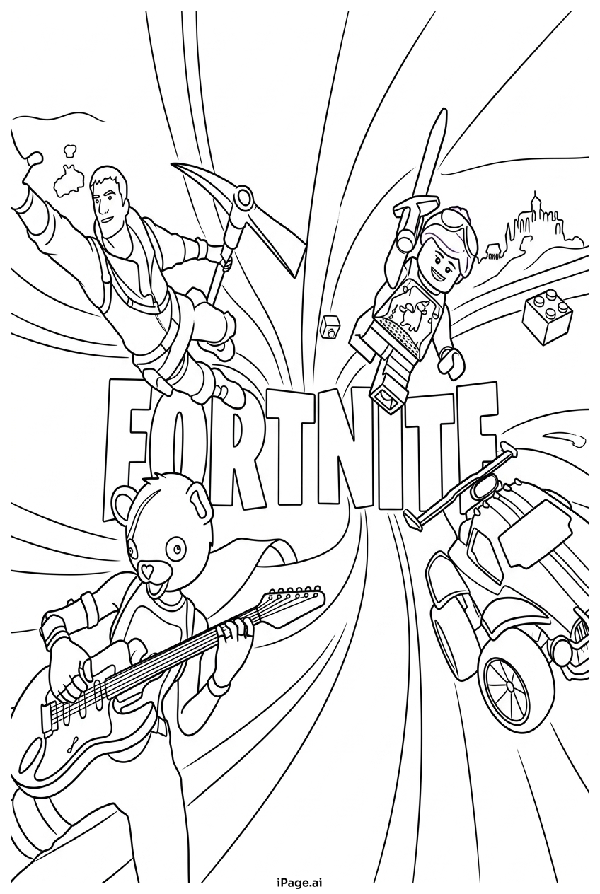  Fortnite heroes dive through colorful rift Coloring Page 