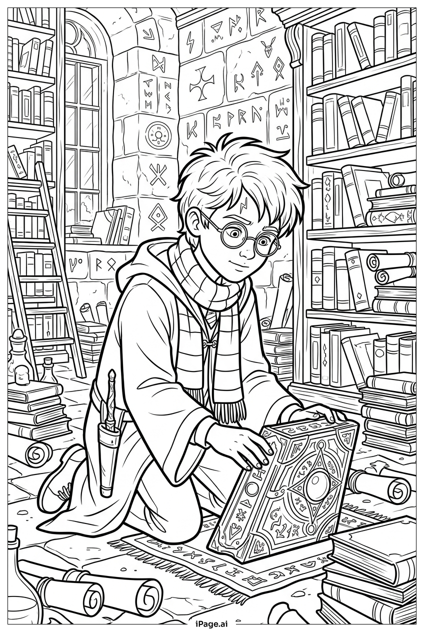 Página para colorir de Harry Potter Descobrindo o Antigo Livro de Feitiços na Biblioteca