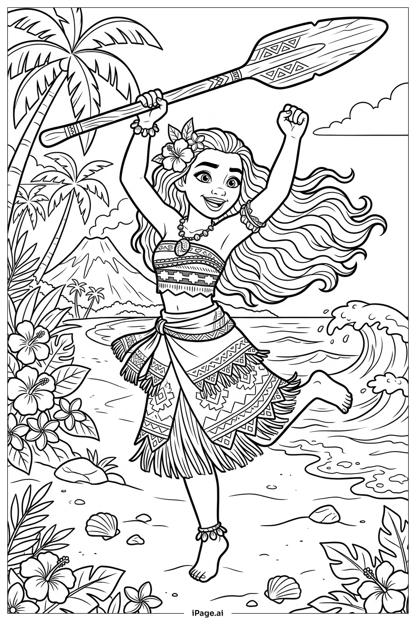 Page de coloriage Moana bondissant haut en tenant une pagaie solide