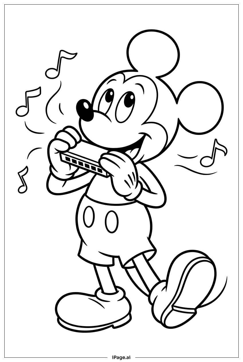 Micky Maus spielt eine fröhliche Mundharmonika-Melodie Ausmalseite
