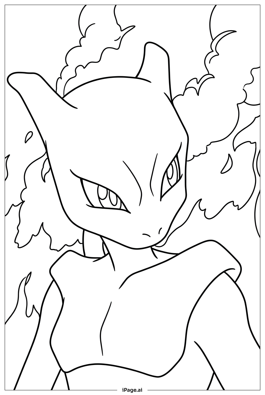 Página para colorear de Mewtwo rodeado de un aura ardiente arremolinada