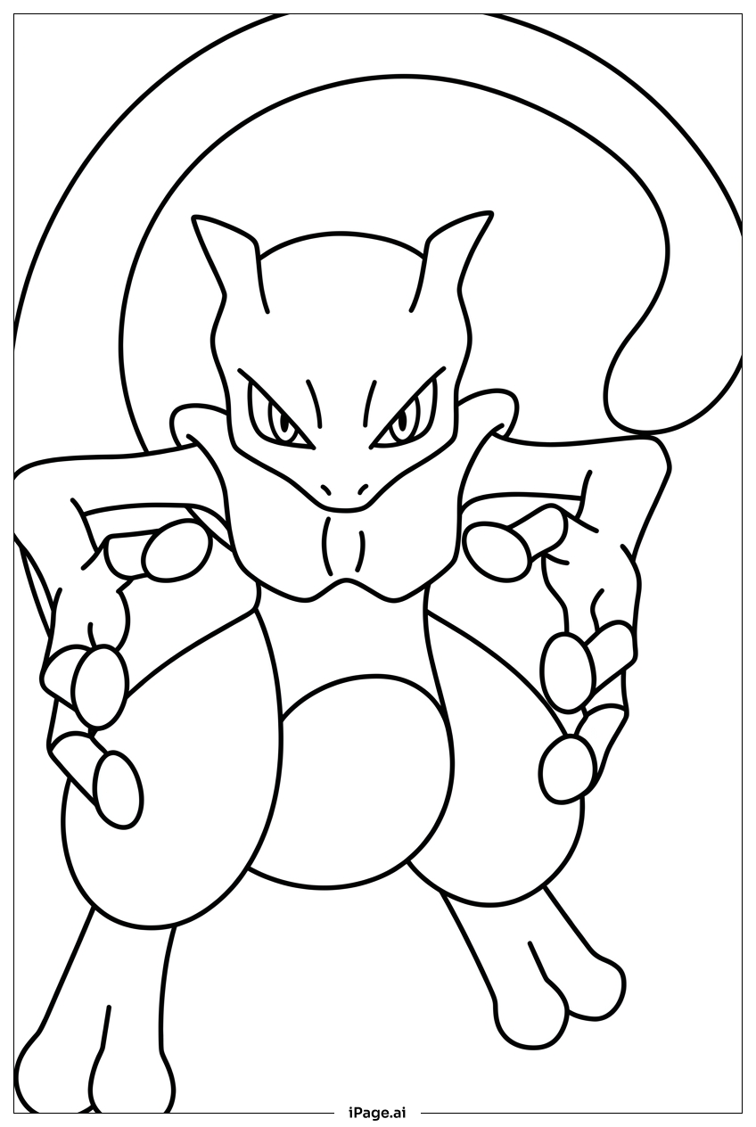 Página para colorear de Mewtwo abalanzándose con mirada feroz