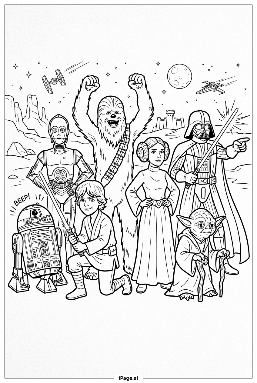  Star Wars defenders stand beneath battling skies Coloring Page 
