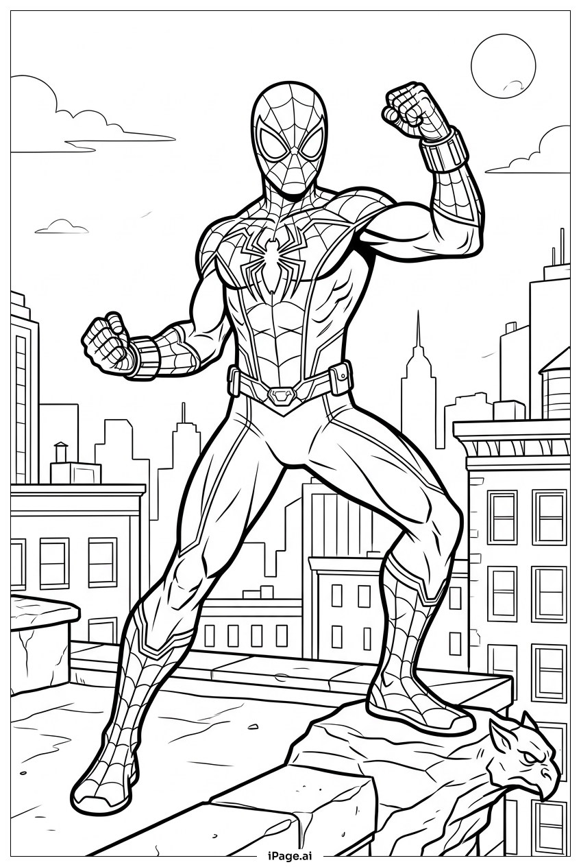 Página para colorir de Homem-Aranha prepara os punhos ao lado de uma gárgula de pedra