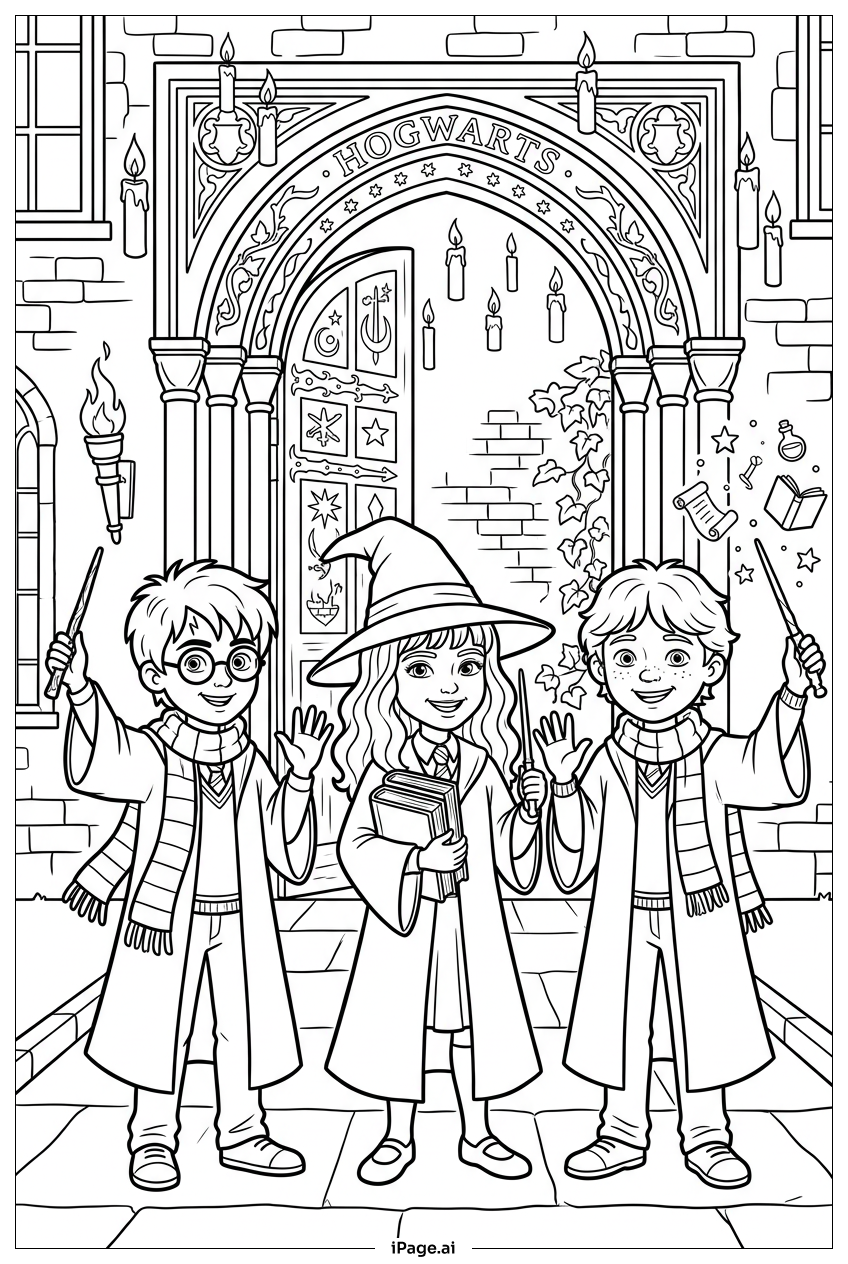 Página para colorir de Harry Potter Chegando a Hogwarts com Amigos