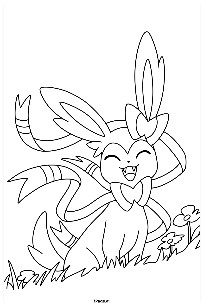  春の野原で楽しそうに笑うSylveonの塗り絵ページ 