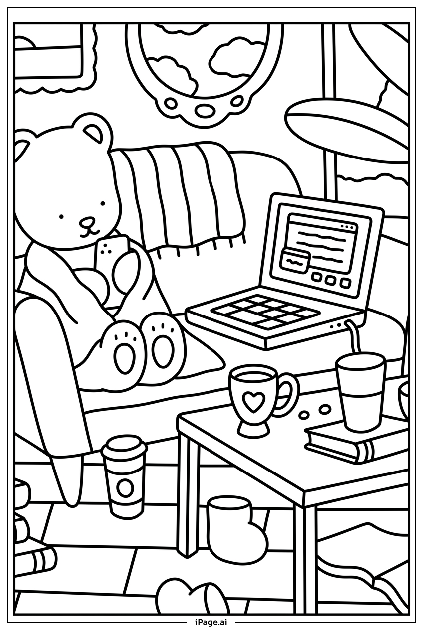 Página para colorear de Bobbie Goods Charla Acogedora en el Sofá con Laptop