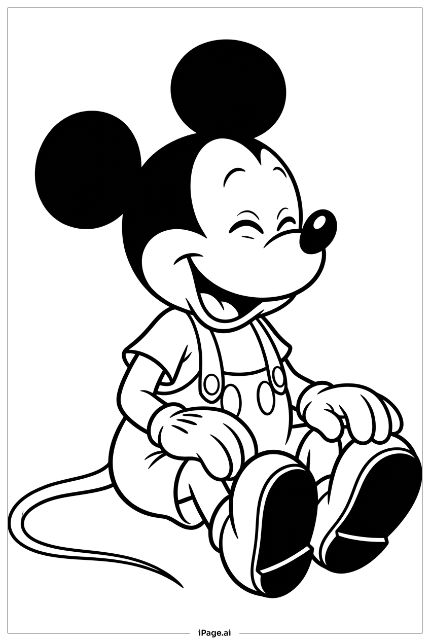 Micky Maus sitzt und lacht fröhlich Ausmalseite
